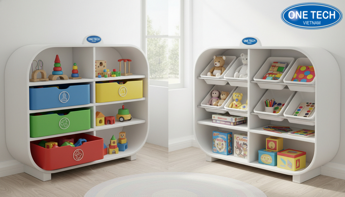 So sánh kệ ngăn kéo và khay phân loại So sánh kệ ngăn kéo và kệ khay phân loại đồ chơi trẻ em