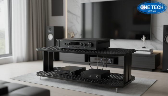Thiết kế thoáng khí hỗ trợ tản nhiệt cho amply khi đặt trên kệ