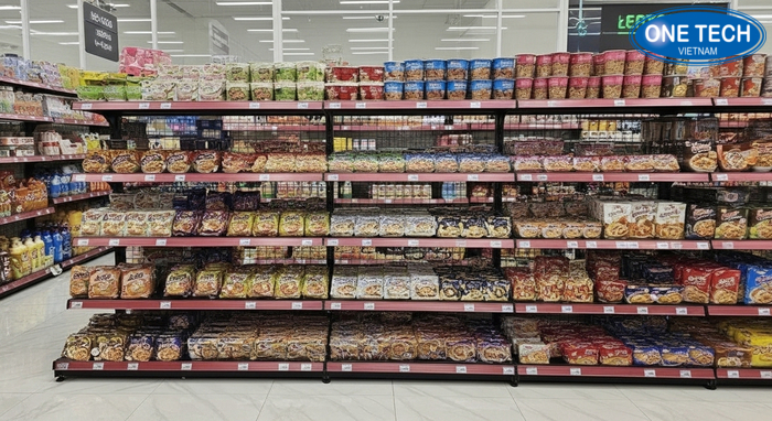 Tổng quan cửa hàng với kệ trưng bày mì tôm đẹp mắt, lối đi thông thoáng