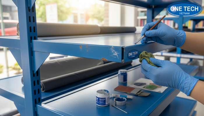 Minh họa xử lý nhanh lỗi hoen gỉ và trầy xước trên kệ để vải