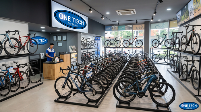 Kệ trưng bày xe đạp tạo không gian chuyên nghiệp Showroom xe đạp trưng bày chuyên nghiệp nhờ bố trí kệ trưng bày xe đạp theo hàng và theo khu